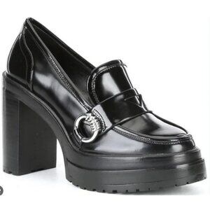 New GIANNI BINI Maxxwelle Black Patent Platform Block Heel Lug Sole Loafers 10